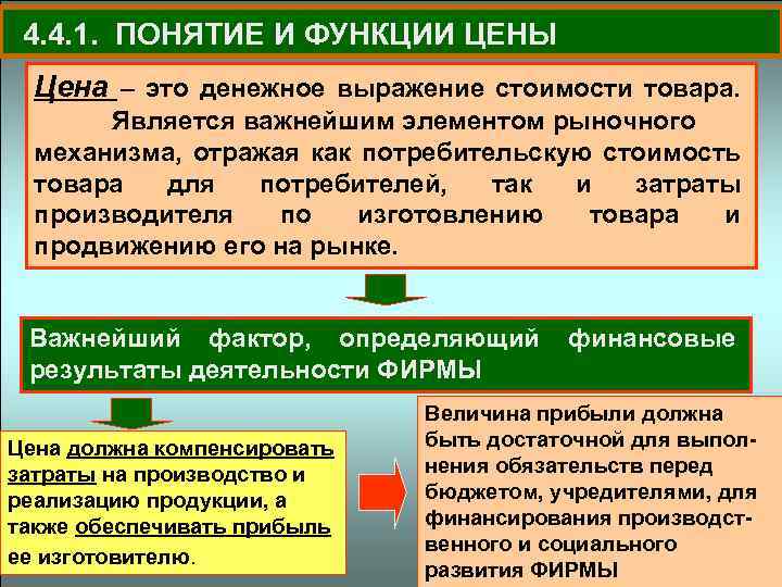 4. 4. 1. ПОНЯТИЕ И ФУНКЦИИ ЦЕНЫ Цена – это денежное выражение стоимости товара.