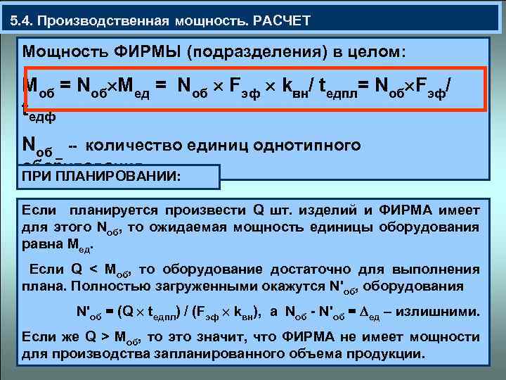  5. 4. Производственная мощность. РАСЧЕТ Мощность ФИРМЫ (подразделения) в целом: Моб = Nоб