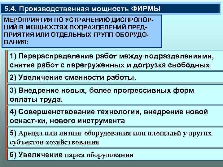  5. 4. Производственная мощность ФИРМЫ МЕРОПРИЯТИЯ ПО УСТРАНЕНИЮ ДИСПРОПОРЦИЙ В МОЩНОСТЯХ ПОДРАЗДЕЛЕНИЙ ПРЕДПРИЯТИЯ