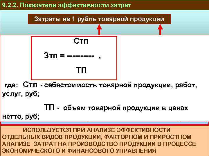 9. 2. 2. Показатели эффективности затрат Затраты на 1 рубль товарной продукции ПРОИЗВОДСТВО И