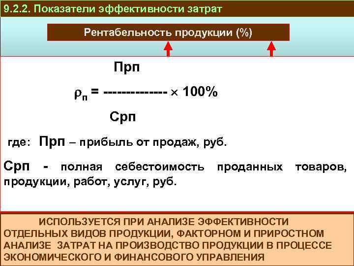 9. 2. 2. Показатели эффективности затрат Рентабельность продукции (%) Прп ПРОИЗВОДСТВО И РЕАЛИЗАЦИЯ п