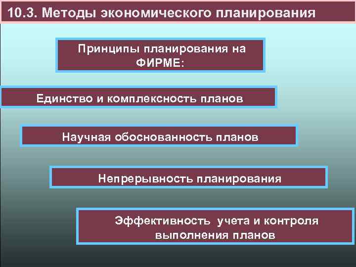 10. 3. Методы экономического планирования Принципы планирования на ФИРМЕ: Единство и комплексность планов Научная