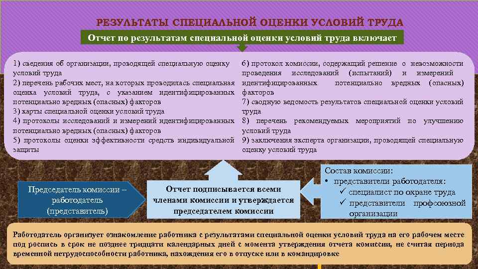 РЕЗУЛЬТАТЫ СПЕЦИАЛЬНОЙ ОЦЕНКИ УСЛОВИЙ ТРУДА Отчет по результатам специальной оценки условий труда включает 1)