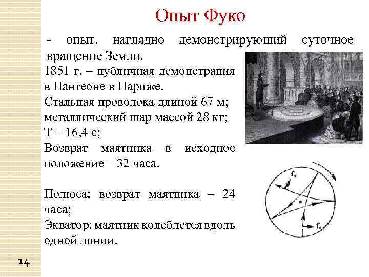 Опыт Фуко - опыт, наглядно вращение Земли. демонстрирующий 1851 г. – публичная демонстрация в