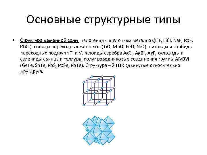 Основные структурные типы • Структура каменной соли галогениды щелочных металлов(Li. F, Li. CI, Na.