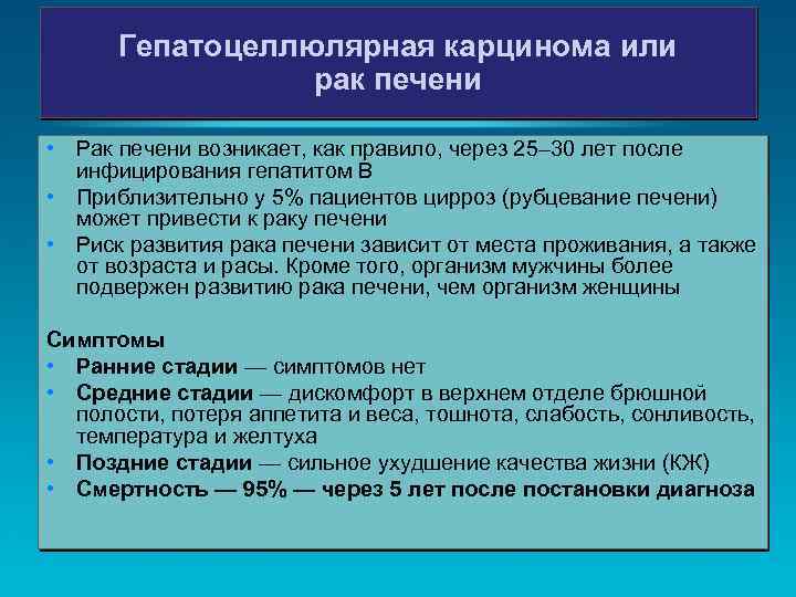 Гепатоцеллюлярная карцинома или рак печени • Рак печени возникает, как правило, через 25– 30