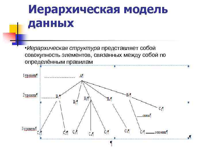 Иерархическая модель данных • Иерархическая структура представляет собой совокупность элементов, связанных между собой по