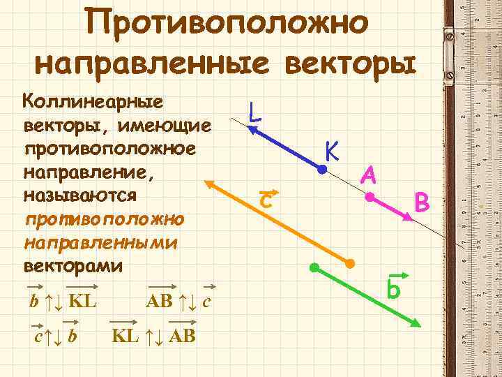 Противоположно направленные векторы Коллинеарные векторы, имеющие противоположное направление, называются противоположно направленными векторами b ↑↓