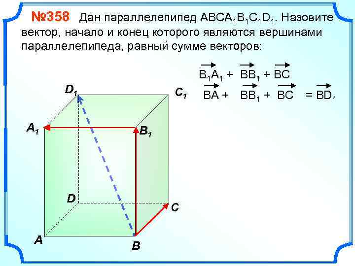 № 358 Дан параллелепипед АВСA 1 B 1 C 1 D 1. Назовите вектор,