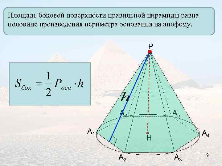 Площадь боковой поверхности правильной пирамиды равна половине произведения периметра основания на апофему. Р А
