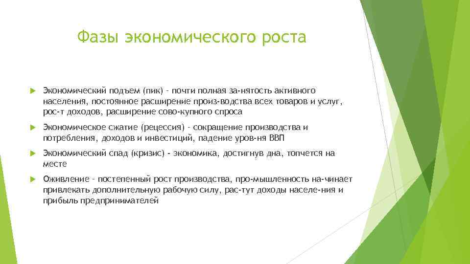 Фазы экономического роста Экономический подъем (пик) – почти полная за нятость активного населения, постоянное
