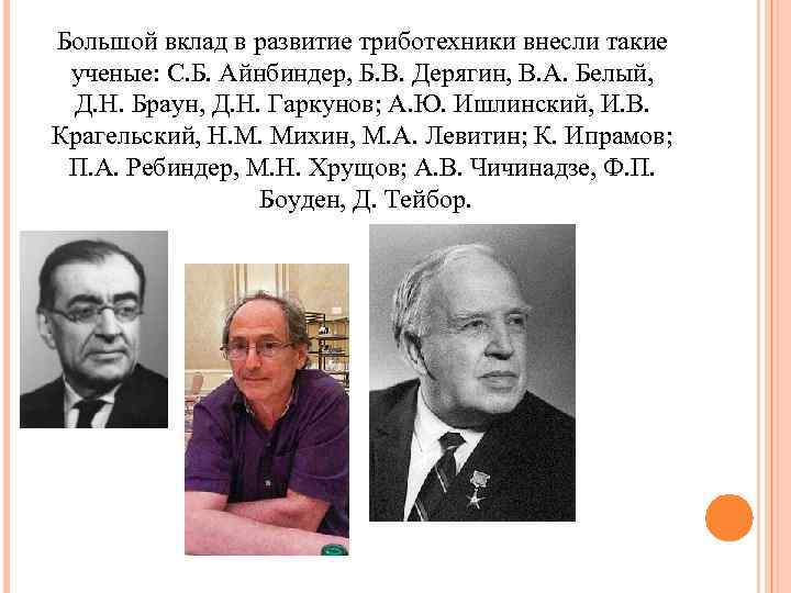 Большой вклад в развитие триботехники внесли такие ученые: С. Б. Айнбиндер, Б. В. Дерягин,