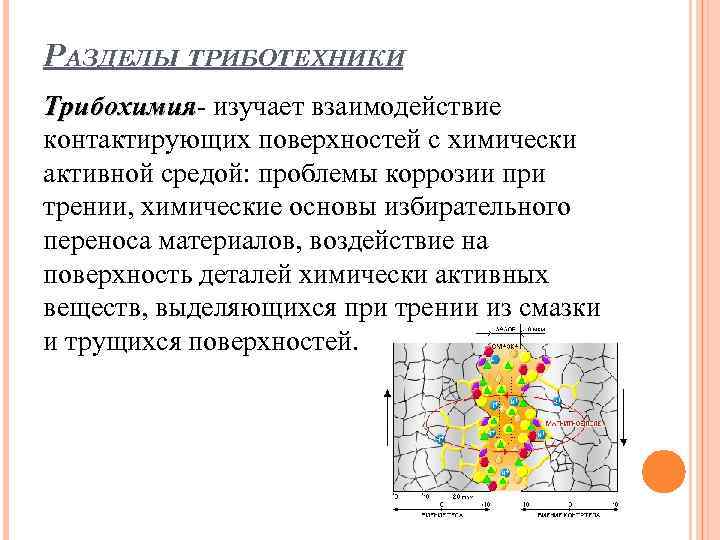 РАЗДЕЛЫ ТРИБОТЕХНИКИ Трибохимия- изучает взаимодействие Трибохимия контактирующих поверхностей с химически активной средой: проблемы коррозии