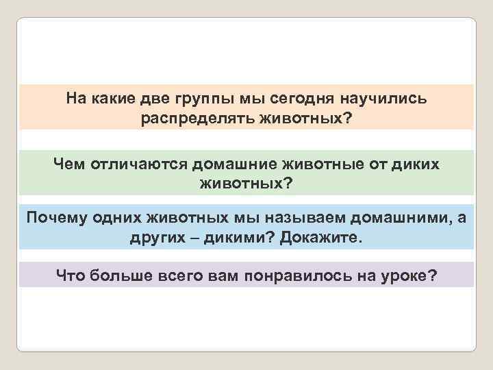 На какие две группы мы сегодня научились распределять животных? Чем отличаются домашние животные от