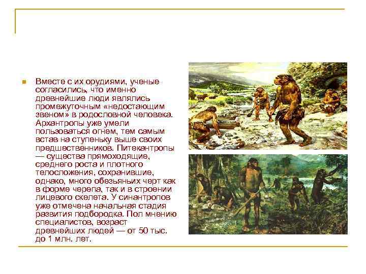 n Вместе с их орудиями, ученые согласились, что именно древнейшие люди являлись промежуточным «недостающим