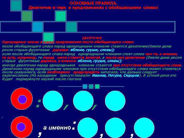 ОСНОВНЫЕ ПРАВИЛА. Двоеточие и тире в предложениях с обобщающими словах ДВОЕТОЧИЕ Однородные члены в