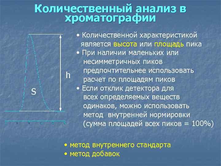 Количественный анализ в хроматографии S • Количественной характеристикой является высота или площадь пика •