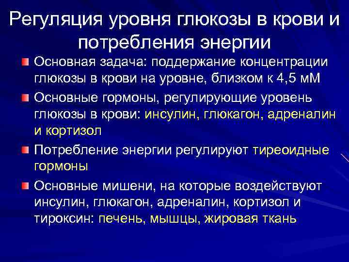 Регуляция уровня глюкозы в крови и потребления энергии Основная задача: поддержание концентрации глюкозы в