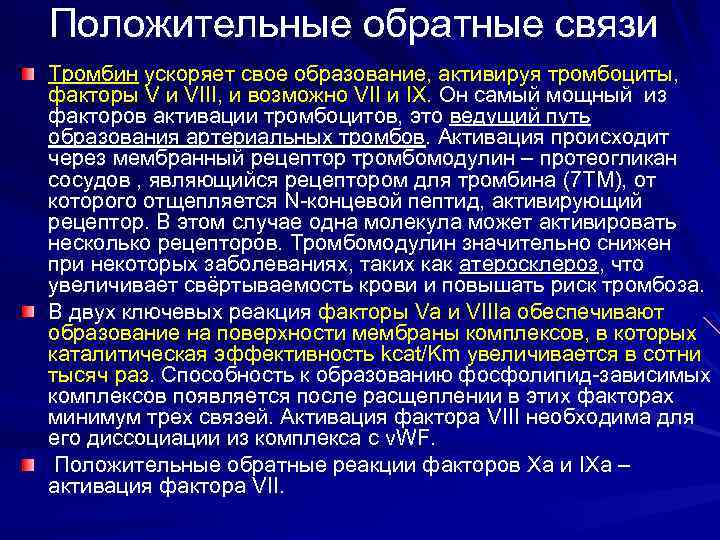 Положительные обратные связи Тромбин ускоряет свое образование, активируя тромбоциты, факторы V и VIII, и