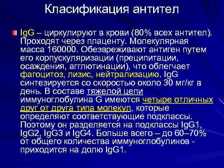 Класификация антител Ig. G – циркулируют в крови (80% всех антител). Проходят через плаценту.