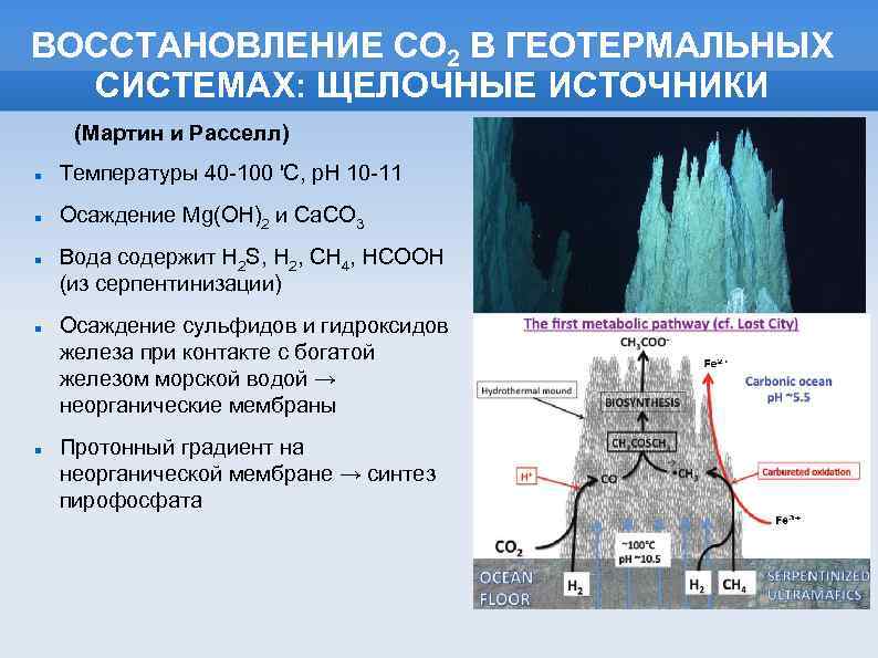ВОССТАНОВЛЕНИЕ СО 2 В ГЕОТЕРМАЛЬНЫХ СИСТЕМАХ: ЩЕЛОЧНЫЕ ИСТОЧНИКИ (Мартин и Расселл) Температуры 40 -100