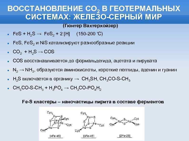 ВОССТАНОВЛЕНИЕ СО 2 В ГЕОТЕРМАЛЬНЫХ СИСТЕМАХ: ЖЕЛЕЗО-СЕРНЫЙ МИР (Гюнтер Вахтерхойзер) Fe. S + H