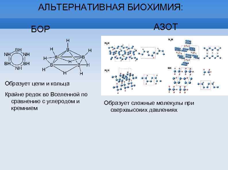 АЛЬТЕРНАТИВНАЯ БИОХИМИЯ: БОР АЗОТ Образует цепи и кольца Крайне редок во Вселенной по сравнению