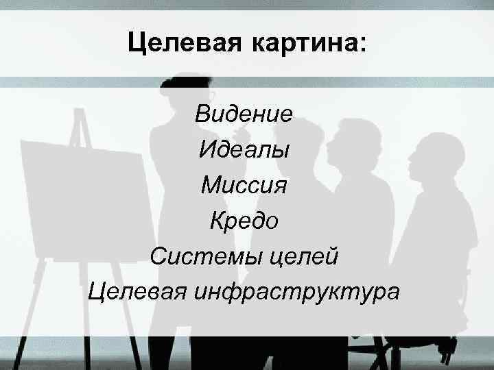 Целевая картина: Видение Идеалы Миссия Кредо Системы целей Целевая инфраструктура 