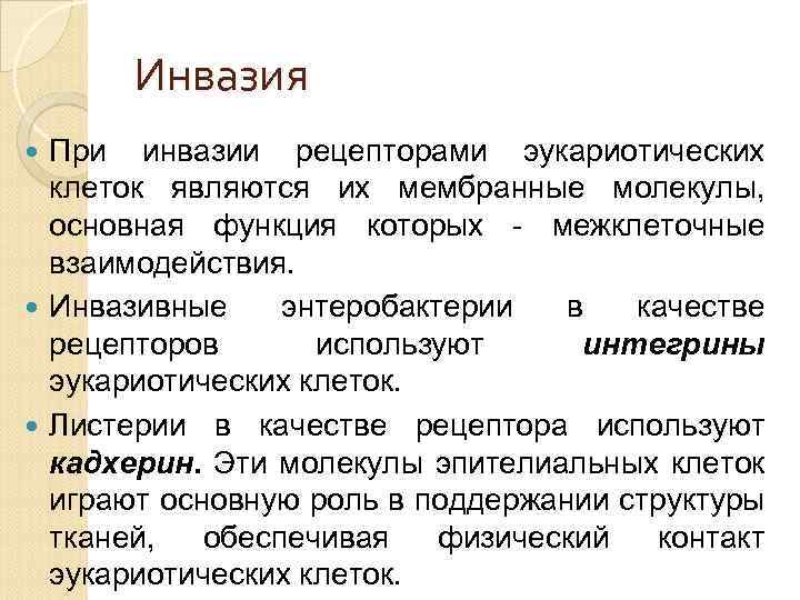 Инвазия При инвазии рецепторами эукариотических клеток являются их мембранные молекулы, основная функция которых -