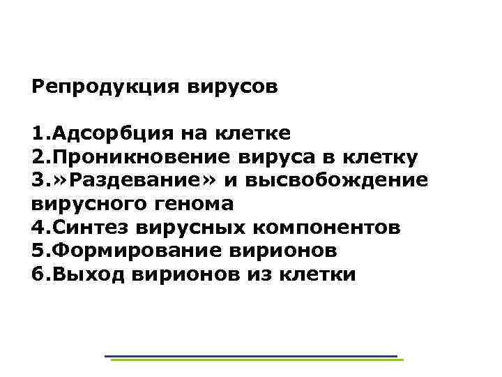 Репродукция вирусов 1. Адсорбция на клетке 2. Проникновение вируса в клетку 3. » Раздевание»