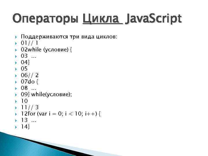Операторы Цикла Java. Script Поддерживаются три вида циклов: 01// 1 02 while (условие) {