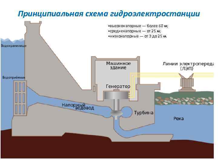 Принципиальная схема гидроэлектростанции • высоконапорные — более 60 м; • средненапорные — от 25