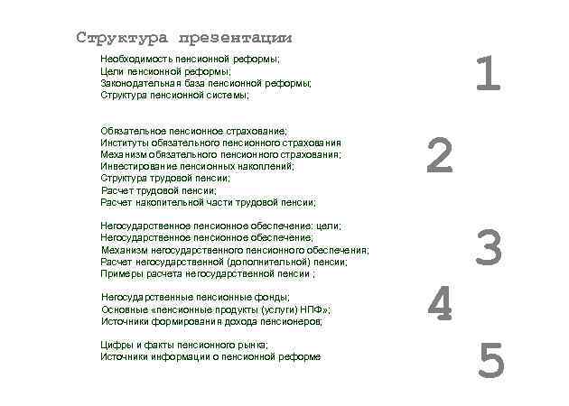 Структура презентации 1 Необходимость пенсионной реформы; Цели пенсионной реформы; Законодательная база пенсионной реформы; Структура