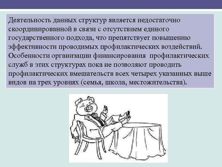 Деятельность данных структур является недостаточно скоординированной в связи с отсутствием единого государственного подхода, что