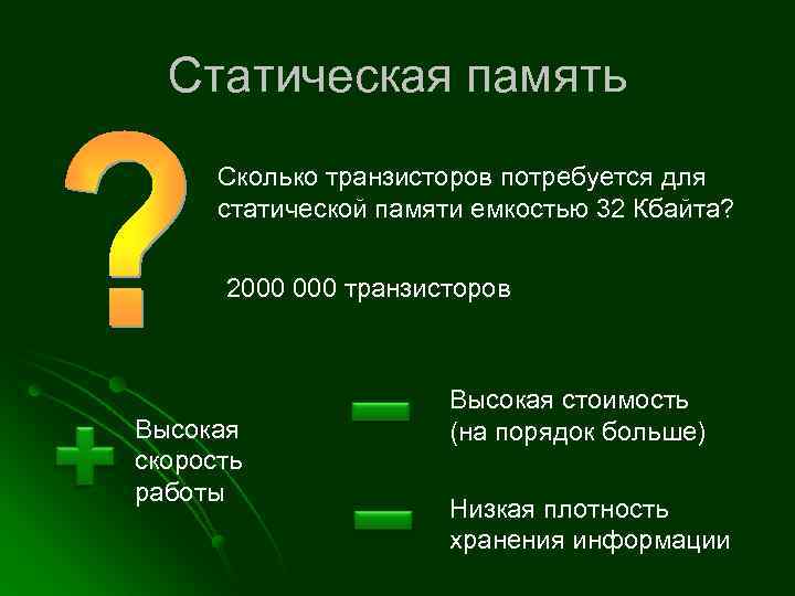 Статическая память Сколько транзисторов потребуется для статической памяти емкостью 32 Кбайта? 2000 транзисторов Высокая