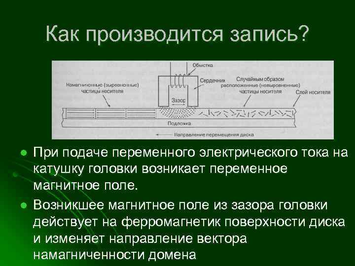 Как производится запись? l l При подаче переменного электрического тока на катушку головки возникает