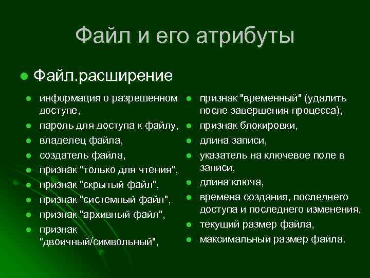 Файл и его атрибуты l l l l l Файл. расширение информация о разрешенном