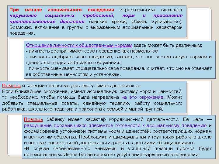 При начале асоциального поведения характеристика включает нарушение социальных требований, норм и проявления противозаконных действий