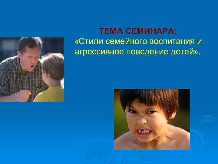 ТЕМА СЕМИНАРА: «Стили семейного воспитания и агрессивное поведение детей» . 