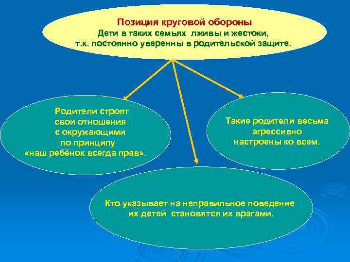 Позиция круговой обороны Дети в таких семьях лживы и жестоки, т. к. постоянно уверенны