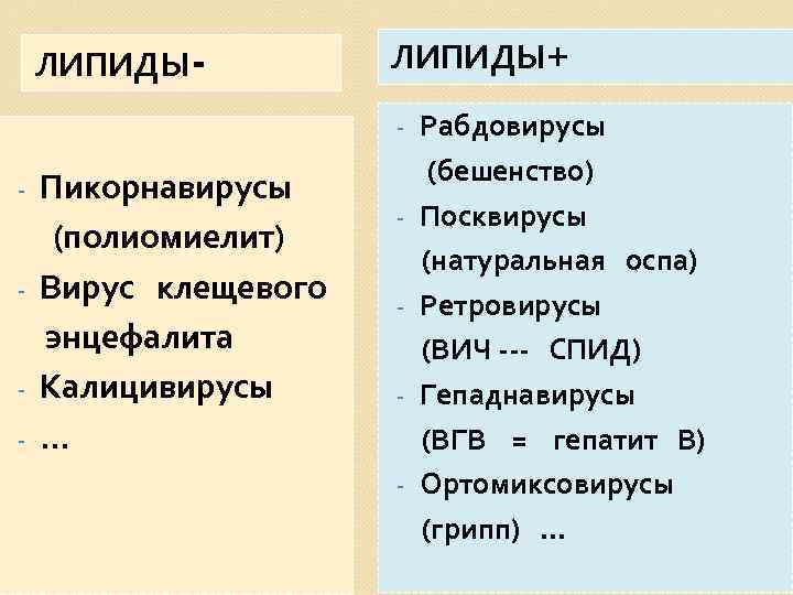 ЛИПИДЫ- ЛИПИДЫ+ - Пикорнавирусы (полиомиелит) - Вирус клещевого энцефалита - Калицивирусы - … -