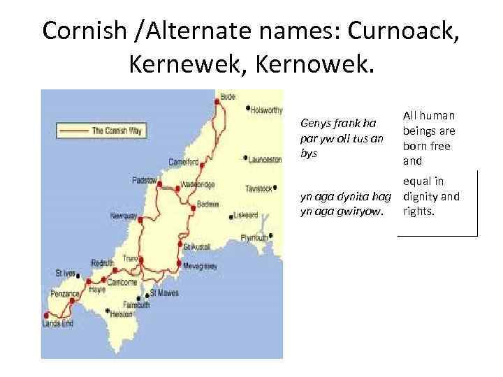 Cornish /Alternate names: Curnoack, Kernewek, Kernowek. Genys frank ha par yw oll tus an