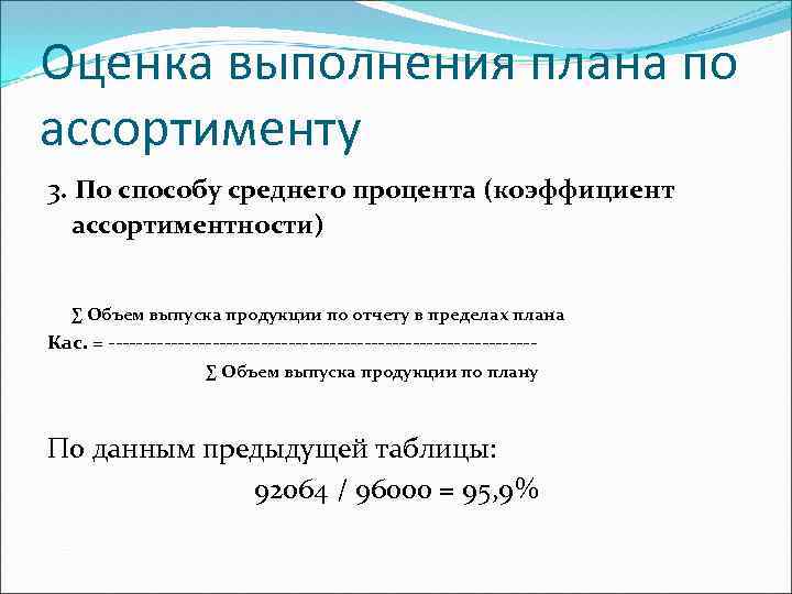 Для оценки выполнения плана по ассортименту используется способ