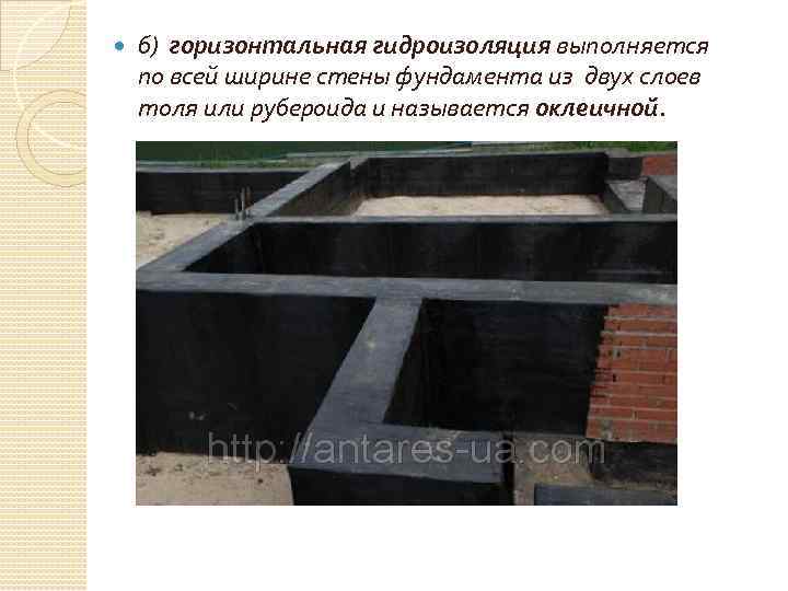  б) горизонтальная гидроизоляция выполняется по всей ширине стены фундамента из двух слоев толя