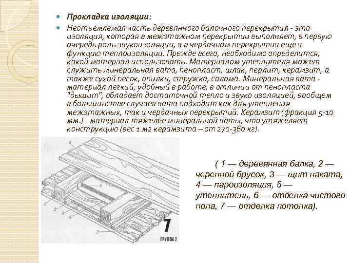 Прокладка изоляции: Неотъемлемая часть деревянного балочного перекрытия - это изоляция, которая в межэтажном перекрытии