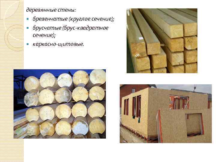 деревянные стены: бревенчатые (круглое сечение); брусчатые (брус-квадратное сечение); каркасно-щитовые. 