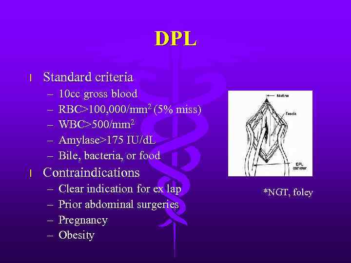 DPL l Standard criteria – – – l 10 cc gross blood RBC>100, 000/mm