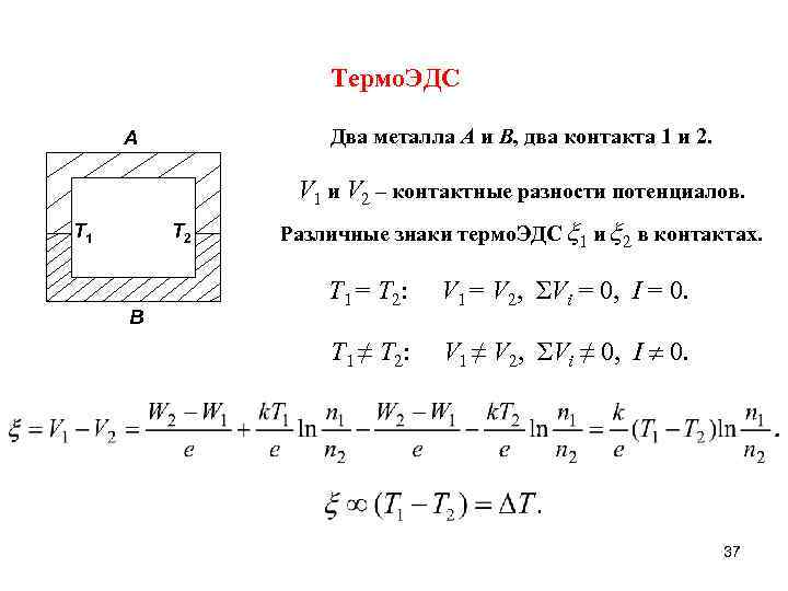 Термо. ЭДС Два металла A и B, два контакта 1 и 2. A V