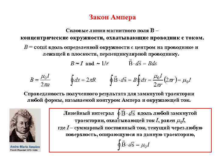 Закон Ампера Силовые линии магнитного поля B – концентрические окружности, охватывающие проводник с током.