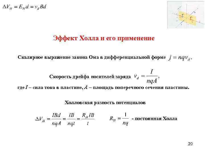 Эффект Холла и его применение Скалярное выражение закона Ома в дифференциальной форме Скорость дрейфа